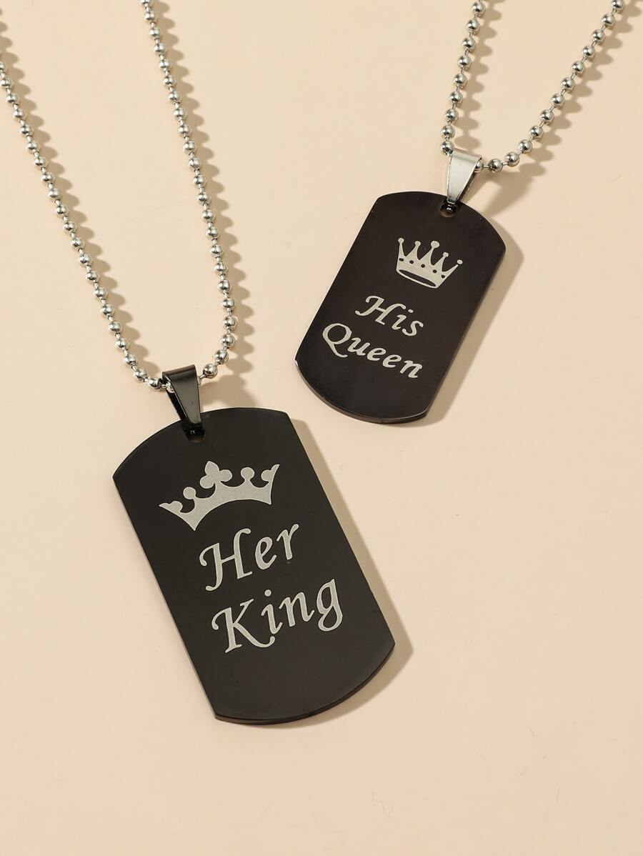 2 cái/bộ Cặp Đôi Vương Miện & Chữ Đồ Họa Hình Học Vòng Cổ Quyến Rũ - màu đen - Xem 1