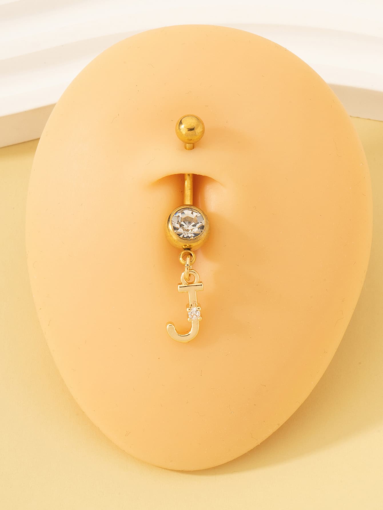 Cubic Zirconia & Letter Decor Navel Belly Ring - Yellow Gold - View 1