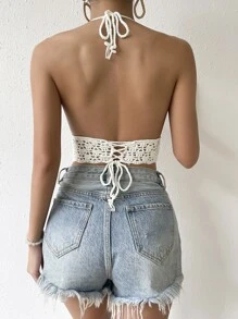 SHEIN VCAY 鏤空後背繫帶吊脖針織上衣 - 白色 - 查看 2