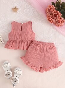SHEIN 女嬰蝴蝶結前摺邊背心上裝和摺邊短褲套裝 - 藕粉色 - 查看 2