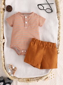 Baby Boy Striped Print Bodysuit & Shorts - Multicolor - View 1