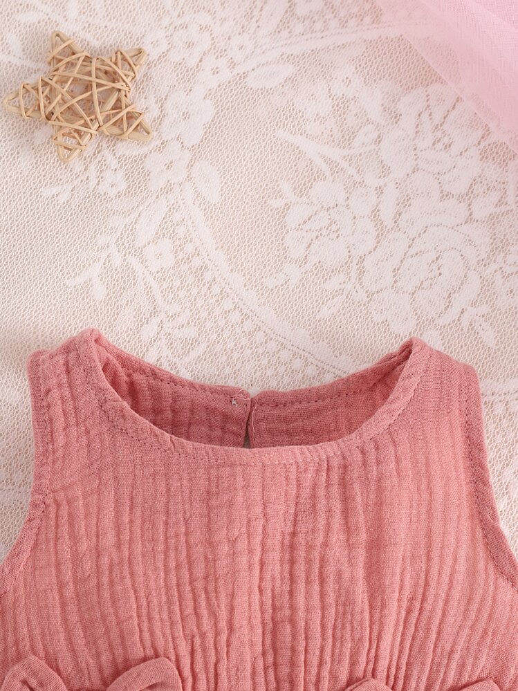 SHEIN 女嬰蝴蝶結前摺邊背心上裝和摺邊短褲套裝 - 藕粉色 - 查看 4