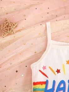 嬰兒字母圖案吊帶上衣和彩虹條紋紙袋腰短褲和配件髮箍 - 彩色 - 查看 4