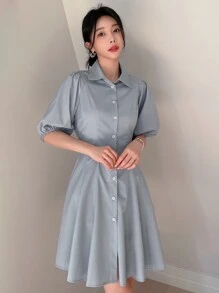 DAZY Đầm Nút phía trước màu trơn Thanh lịch - Màu xanh bụi bặm - Xem 1