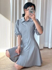 DAZY Đầm Nút phía trước màu trơn Thanh lịch - Màu xanh bụi bặm - Xem 3