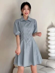 DAZY Đầm Nút phía trước màu trơn Thanh lịch - Màu xanh bụi bặm - Xem 4