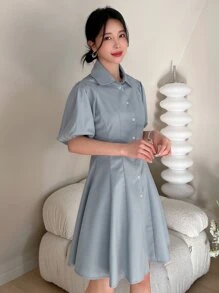 DAZY Đầm Nút phía trước màu trơn Thanh lịch - Màu xanh bụi bặm - Xem 6