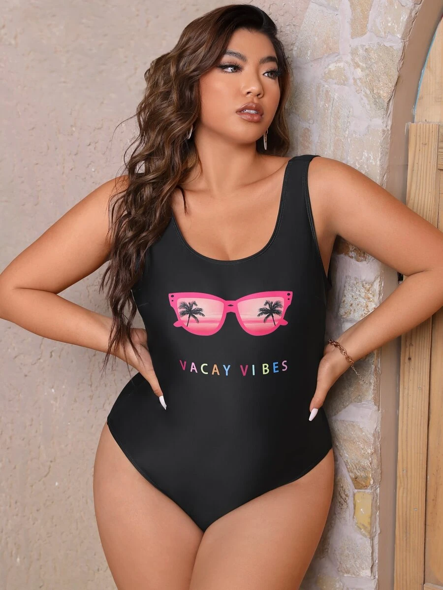 SHEIN Swim Curve Summer Beach Plus Letter Graphic One Piece Swimsuit - Black - View 1