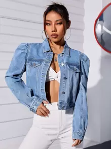 Puff Sleeve Flap Detail Crop Denim Jacket - Medium Wash - View 1