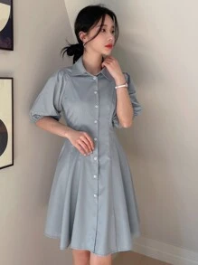 DAZY Đầm Nút phía trước màu trơn Thanh lịch - Màu xanh bụi bặm - Xem 8