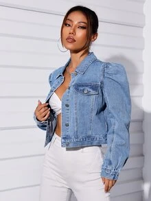 Puff Sleeve Flap Detail Crop Denim Jacket - Medium Wash - View 4
