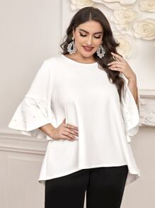 Modelyn Plus Pearls Beaded Flounce Sleeve High Low Hem Tee - White - View 2