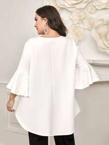 Modelyn Plus Pearls Beaded Flounce Sleeve High Low Hem Tee - White - View 3