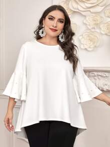 Modelyn Plus Pearls Beaded Flounce Sleeve High Low Hem Tee - White - View 4
