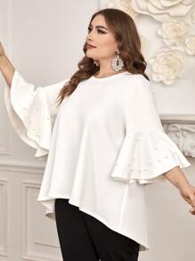 Modelyn Plus Pearls Beaded Flounce Sleeve High Low Hem Tee - White - View 5