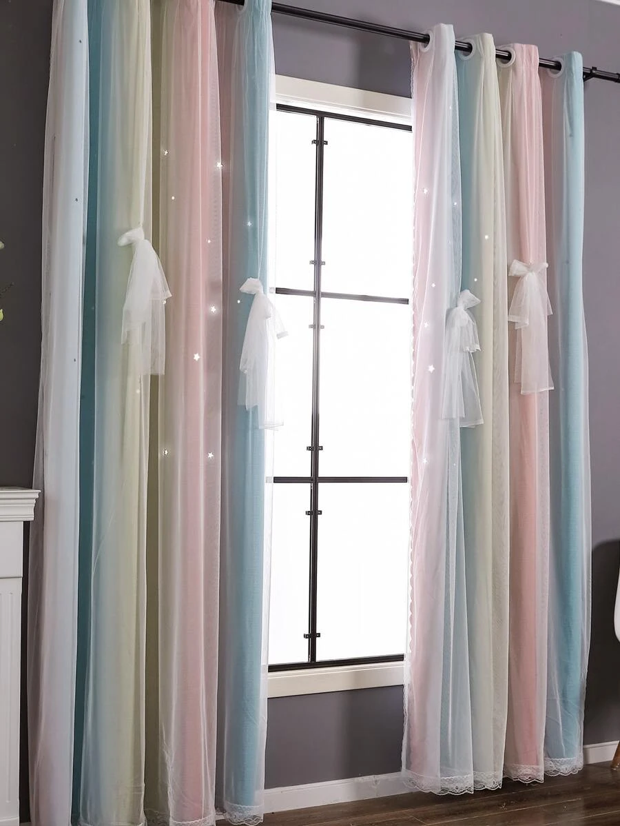 Ombre Bow Decor Single Panel Blackout Curtain - Multicolor - View 1