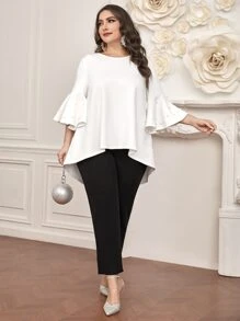 Modelyn Plus Pearls Beaded Flounce Sleeve High Low Hem Tee - White - View 1