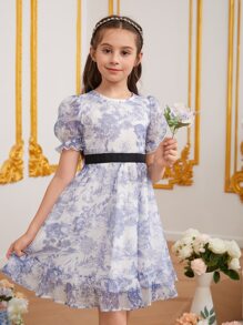 Girls Tree & Landscape Print Puff Sleeve Ruffle Hem Dress - Multicolor - View 2