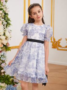 Girls Tree & Landscape Print Puff Sleeve Ruffle Hem Dress - Multicolor - View 4