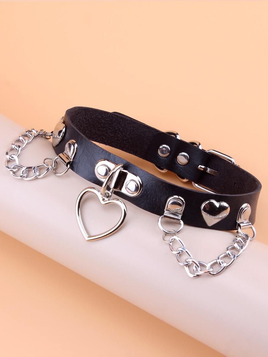 Heart & Chain Charm Choker Valentines - Black - View 1