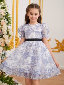 Girls Tree & Landscape Print Puff Sleeve Ruffle Hem Dress - Multicolor - View 1