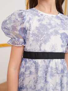 Girls Tree & Landscape Print Puff Sleeve Ruffle Hem Dress - Multicolor - View 6