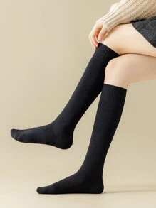 素色高筒襪 - 黑色 - 查看 4