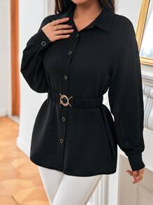 SHEIN Frenchy Women'S Plus Size Belted Drop Shoulder Shirt - Black - View 2