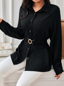 SHEIN Frenchy Women'S Plus Size Belted Drop Shoulder Shirt - Black - View 1