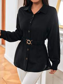 SHEIN Frenchy Women'S Plus Size Belted Drop Shoulder Shirt - Black - View 5