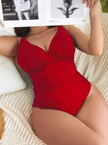 Swim Basics Summer Beach Plus Ruched One Piece Swimsuit - Red - View 1