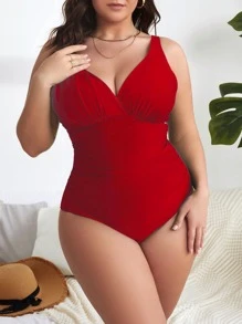 Swim Basics Summer Beach Plus Ruched One Piece Swimsuit - Red - View 4