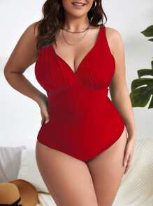 Swim Basics Summer Beach Plus Ruched One Piece Swimsuit - Red - View 5