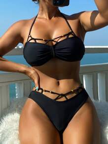 Solid Cut Out Halter Summer Beach Bikini Set - Black - View 1