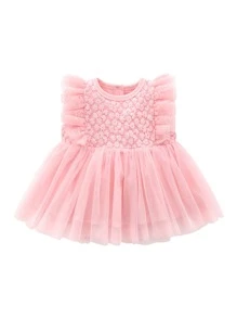 嬰兒花卉刺繡荷葉邊網紗覆蓋連衣裙 - 淺粉色 - 查看 1