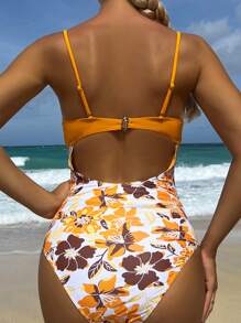 Floral Print Push Up One Piece Swimsuit - Orange - View 2