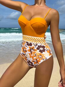 Floral Print Push Up One Piece Swimsuit - Orange - View 3