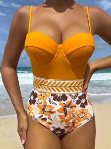 Floral Print Push Up One Piece Swimsuit - Orange - View 4