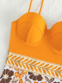Floral Print Push Up One Piece Swimsuit - Orange - View 6