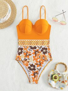 Floral Print Push Up One Piece Swimsuit - Orange - View 7