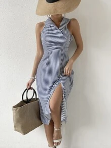 SHEIN LUNE Vestido con estampado de rayas de muslo con abertura - Azul y blanco - Ver 3