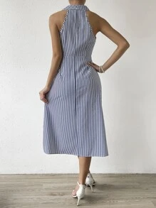 SHEIN LUNE Vestido con estampado de rayas de muslo con abertura - Azul y blanco - Ver 2