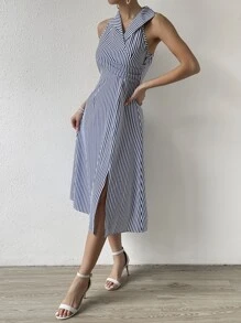 SHEIN LUNE Vestido con estampado de rayas de muslo con abertura - Azul y blanco - Ver 4