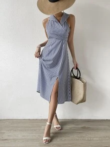 SHEIN LUNE Vestido con estampado de rayas de muslo con abertura - Azul y blanco - Ver 1