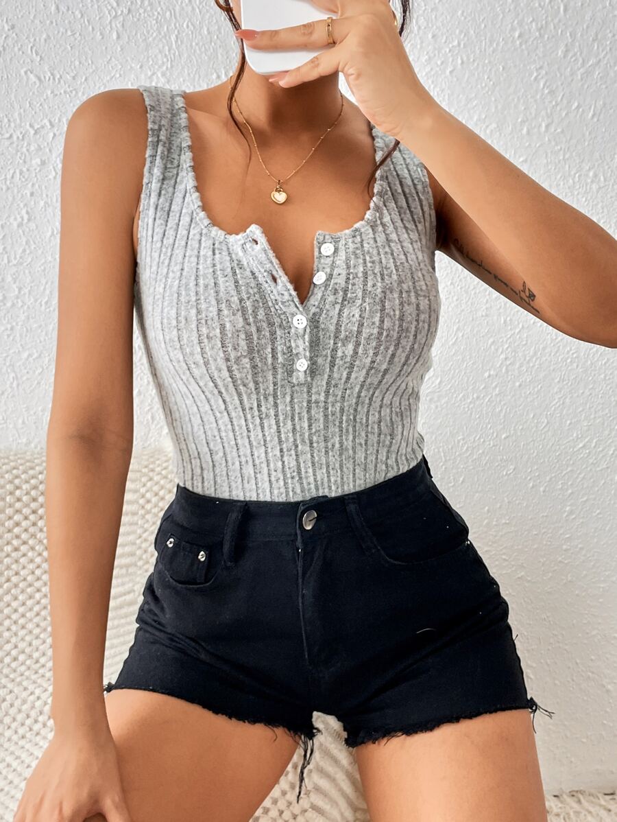 SHEIN Frenchy Half Button Ribbed Knit Tank Top Summer Casual - Grey - View 1