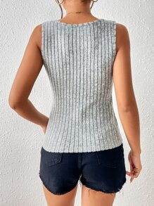 SHEIN Frenchy Half Button Ribbed Knit Tank Top Summer Casual - Grey - View 2