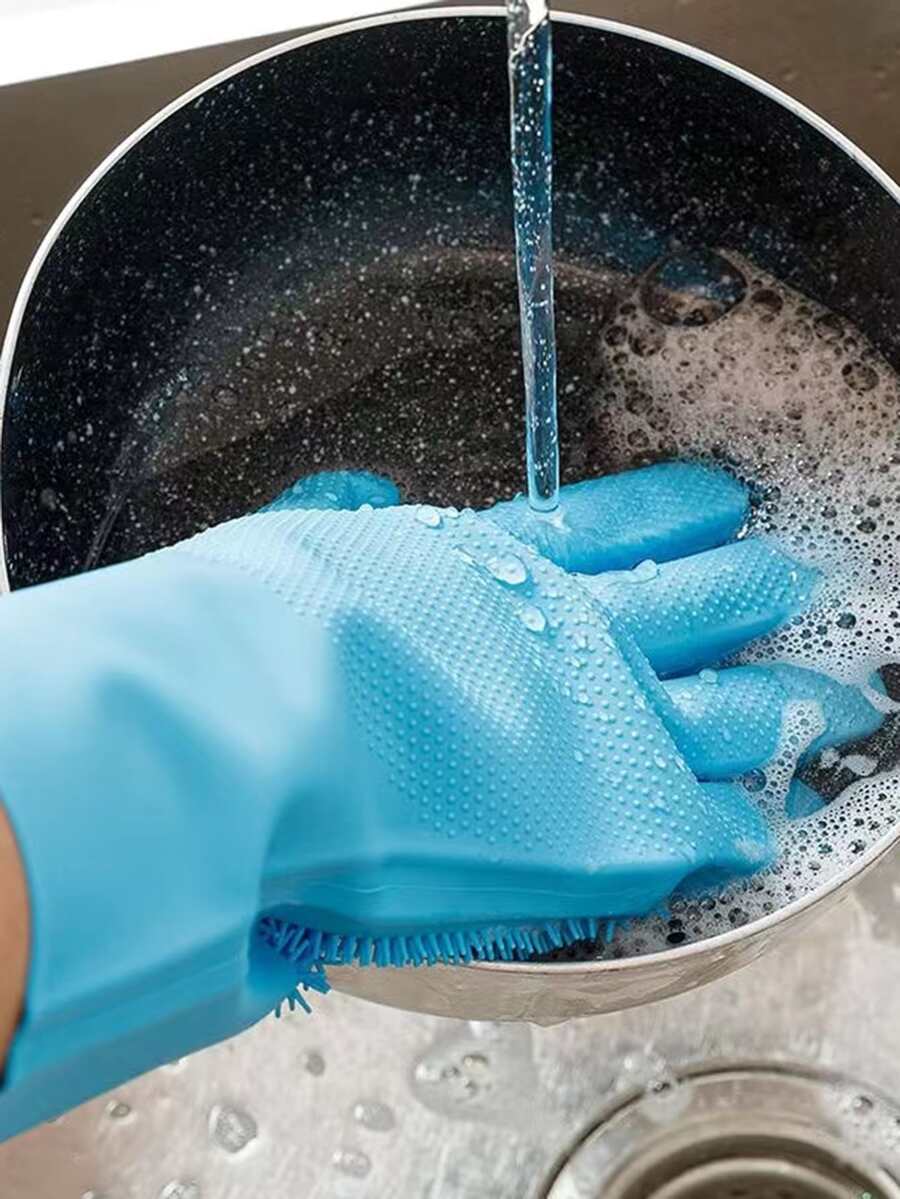 1入組廚房矽膠洗碗手套，家務清潔防水隔熱魔術手套，洗碗刷