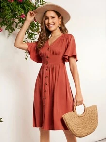 SHEIN LUNE 蝴蝶袖前紐扣連衣裙 - 紅木色 - 查看 1