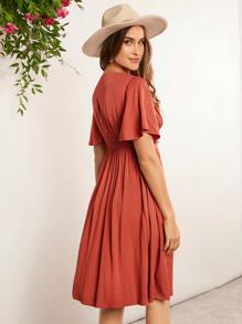 SHEIN LUNE 蝴蝶袖前紐扣連衣裙 - 紅木色 - 查看 2