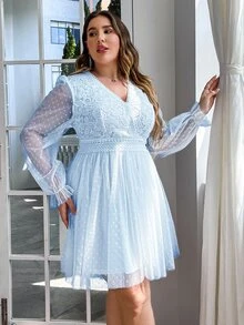 Simplee Plus Size Women Summer New Solid Color Lace Mesh Sweet V-Neck Long Sleeve Dress, Suitable For Music Festival And Wedding Guest - Baby Blue - View 3